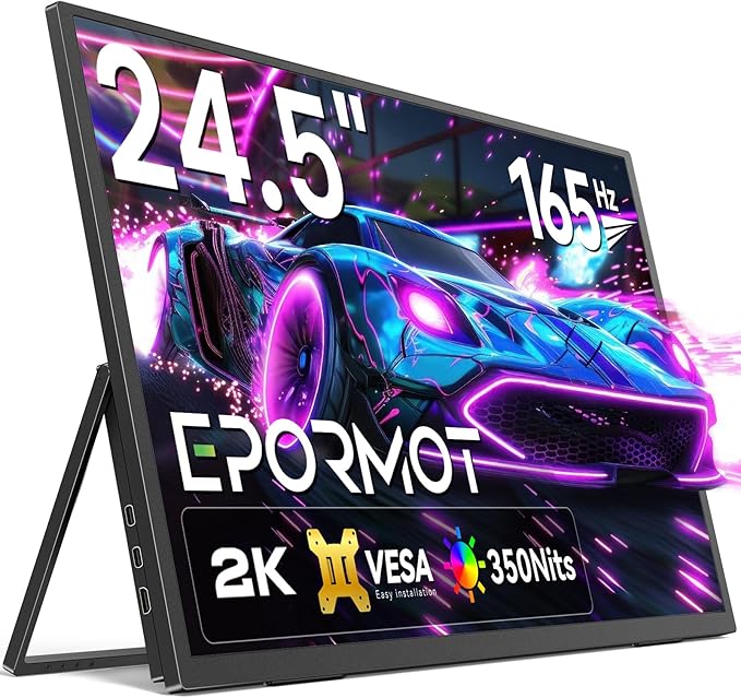 Portable Monitor 24.5” 165HZ, 2K Portable Gaming Monitor with FreeSync, HDR, 180°Adjustable Kickstand & VESA, 350Nits QHD IPS Large Travel Gaming Second Screen for Laptop, Game Console