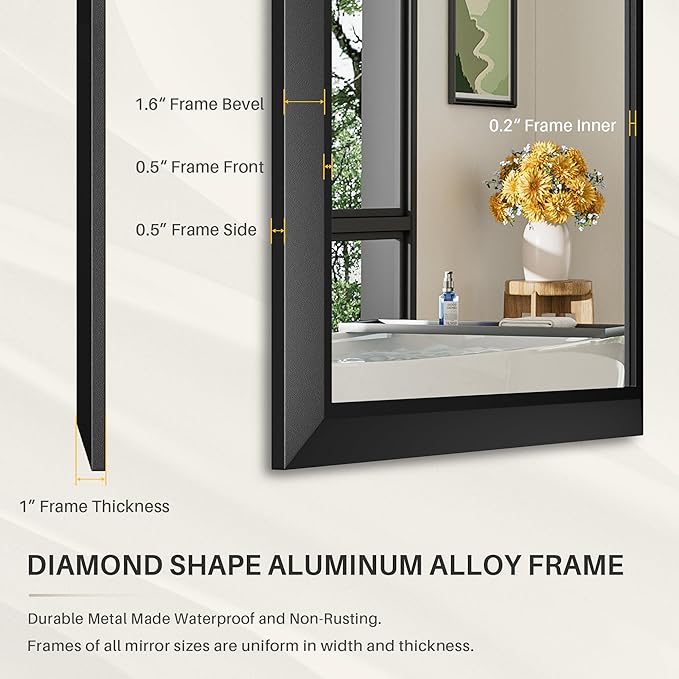 24x30 Inch Black Bathroom Mirror for Wall, Thick Metal Framed Rectangle Mirrors for Over Sink, Bedroom, Living Room, Entryway, Anti-Rust, HD Tempered Glass
