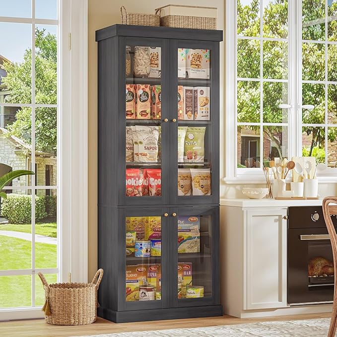 Vyre 70.8" Tall Black Bookshelf with Glass Doors, Farmhouse Modular Bookcase with 6-Tier Adjustable Shelves, Large Storage Cabinet for Home Office, Living Room, Set of 3