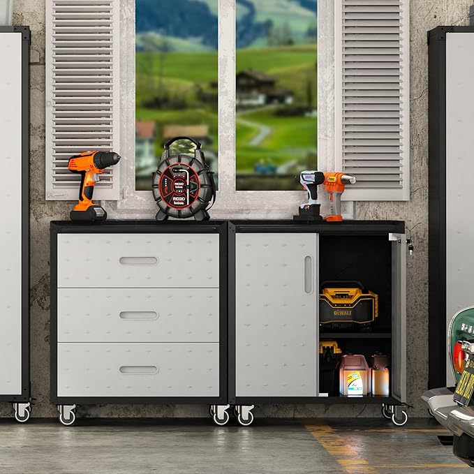 Wall Cabinet, Wall Mounted Cabinet with Lock and Adjustable Shelf for Garage, Tool Room, Kitchen, Assembly Required(Black and Gray)
