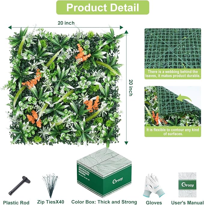 20"X20" Artificial Boxwood Panels, 8PCS Grass Wall Hedge Panels UV-Protected Greenery Privacy Hedge Screen, Grass Backdrop Wall for Indoor Outdoor Patio Balcony, Party Garden Fence Decor