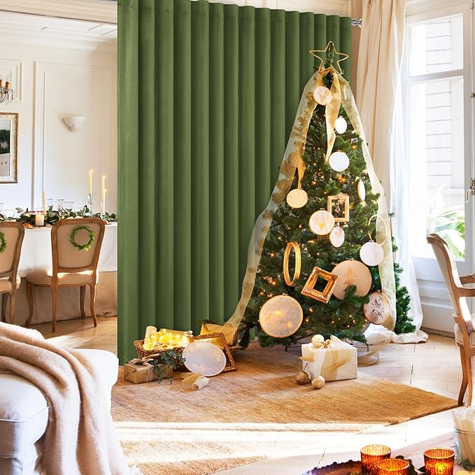 Hiasan Christmas Privacy Room Divider Blackout Patio Sliding Door Curtain Extra Wide Thermal Insulated Curtains with Back Tab & Rod Pocket for Bedroom Partition(120 x 96 Inches, Olive Green)