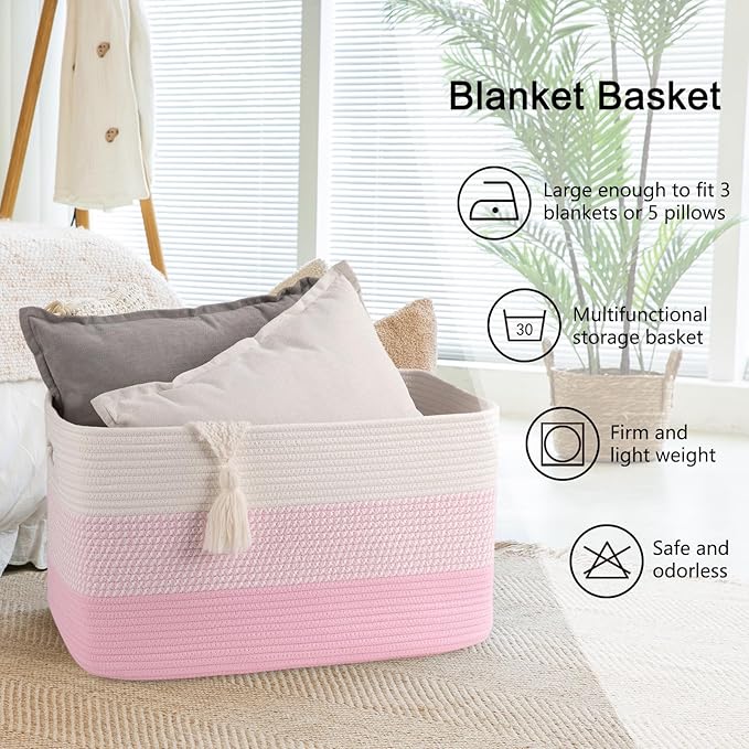 OIAHOMY Large Blanket Basket, 22”x17”x12” Rectangle Woven Baskets, Nursery Blanket Storage Living Room, Toy Storage with Handle, Large Baskets for Organizing - Pink/White