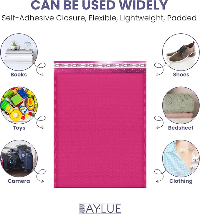 Hot Pink 10x13 Inch Poly Bubble Mailers |Self Seal Padded Envelopes for Thick books | Air Cushioned Bubble Mailer | Usable Size 9.5x13 | Waterproof Lightweight Mailing Shipping Bags | 100 Pack Bulk