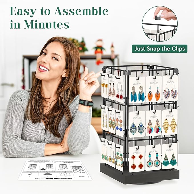 EsLuker.ly Rotating Earring Display Holder Stand for Vendors Events Selling, Large Capacity 36 Hooks Jewelry Rack with Wooden Base for Earring Card Sales, Enhances Retail Visibility(Black)