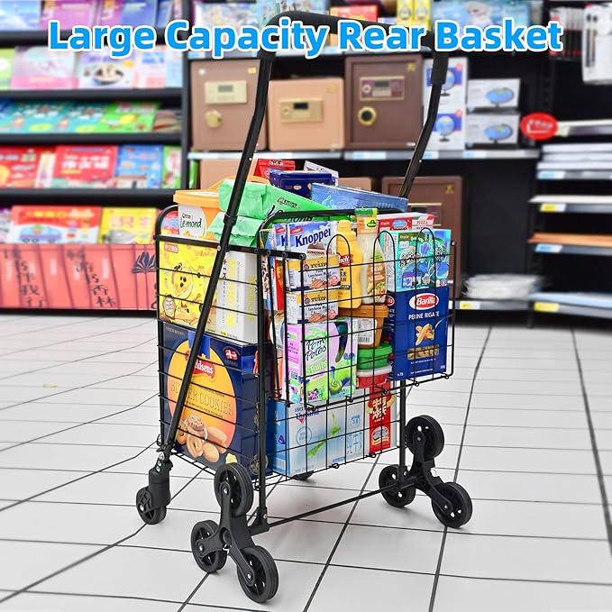 Folding Shopping Cart, Heavy-Duty Stair-Climbing Grocery Cart with 360° Swivel Wheels - Extended Foam Handle - Utility Trolley for Laundry, Travel, Shopping