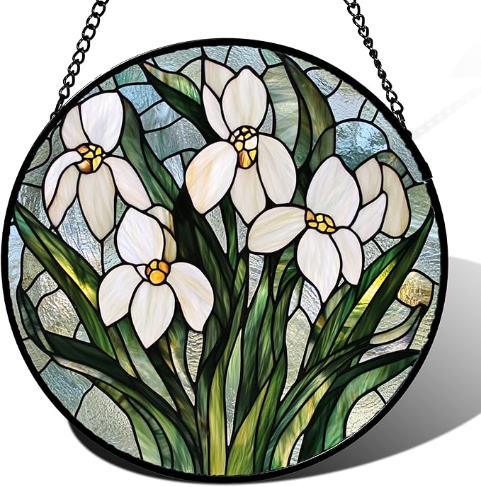 Stained Glass Window Hanging - White Green Snowdrops Flowers Suncatcher for Doors Garden Patio Sun Catchers Decor Christmas Mother's Day Birthday Gifts for Women Men Mom Nana Friend 7.8 in
