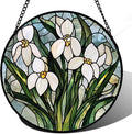 Stained Glass Window Hanging - White Green Snowdrops Flowers Suncatcher for Doors Garden Patio Sun Catchers Decor Christmas Mother's Day Birthday Gifts for Women Men Mom Nana Friend 15 in