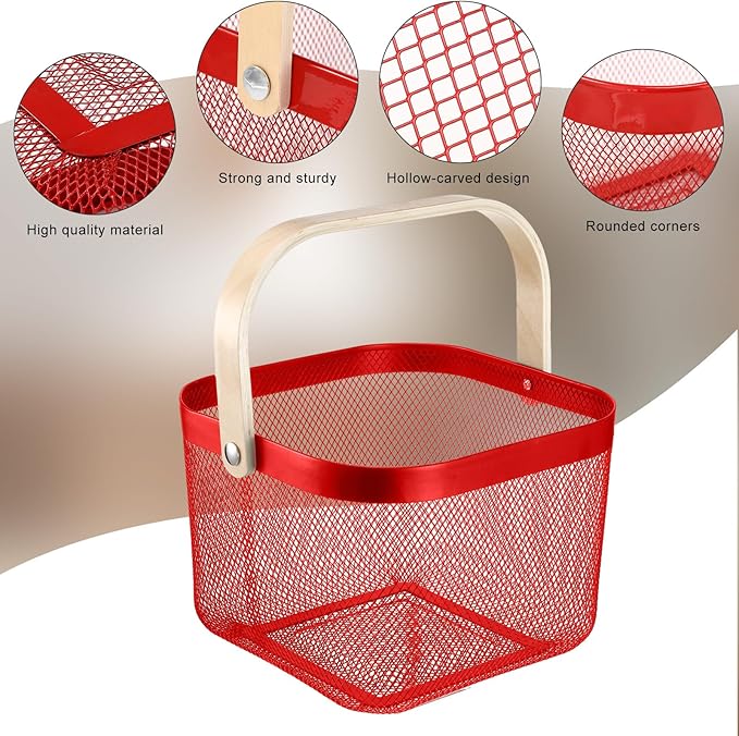 Roshtia 6 Pcs Metal Mesh Steel Basket with Handle, Square Wire Harvest Thanksgiving, Shopping Baskets for Retail Store Christmas Garden Bathroom Kitchen(9.65 x 9.65 x 7.09 Inch,Red)