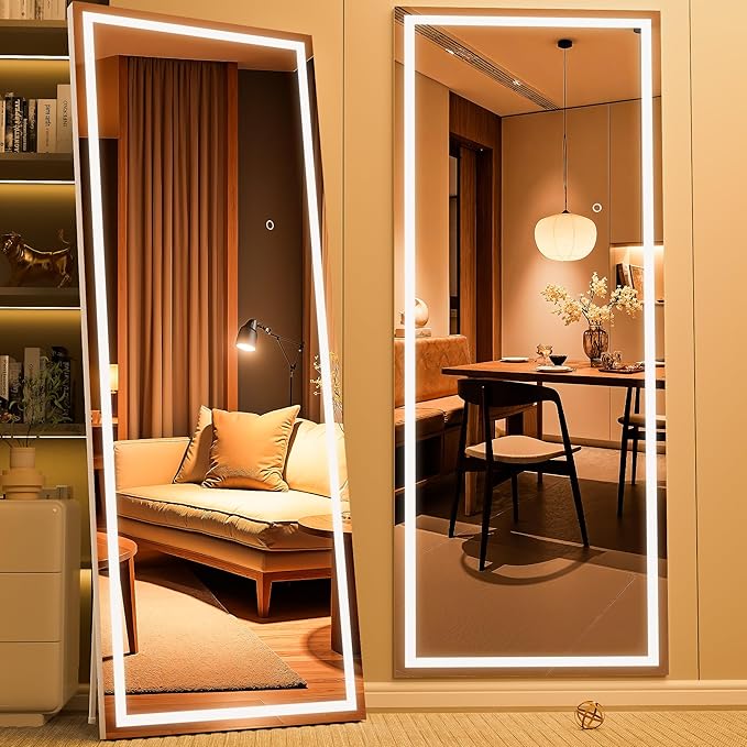 Full Length Mirror with Lights, 71" x 24" LED Lighted Floor Standing Body Mirror, Dimmable & 3 Color Lighting for Bedroom, Cloakroom, Dressing Room, Tempered Glass, Square White