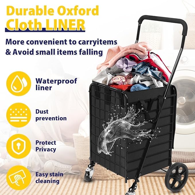 Folding Shopping Cart for Groceries, Grocery Cart with Waterproof Liner and 360° Swiveling Wheels Collapsible Shopping Carts for Condo Laundry Transport Trip
