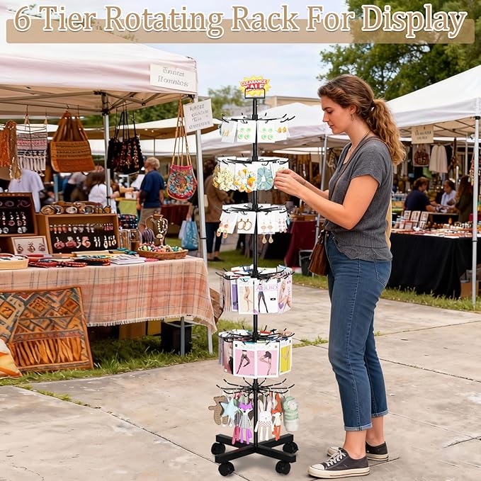 Retail Display Stand Store Display Rack 6 Tier Metal Spinning Display Stand Rack with Wheels Keychain Jewelry Stocking Hat Stand with Hooks for Malls, Showroom, Retail Store (6 Tier Black)