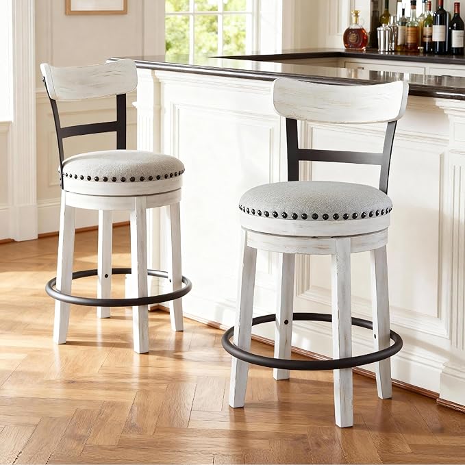 Signature Design by Ashley Valebeck | Modern Swivel 24.5" Counter Height Barstool – Rustic-Industrial Whitewash, Upholstered Cushion, 360° Swivel, Nailhead Trim