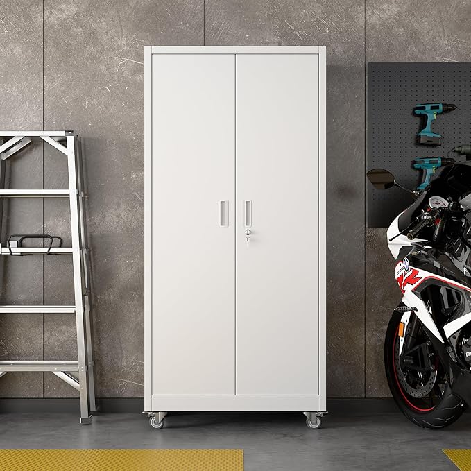 Aobabo Upgrade 71H''*34''W*18''D Metal Garage Storage Cabinet with Wheels and Pegboards, 5 Adjustable Shelves Steel Storage Cabinets for Home,Warehouse,Garage,Assembly Required,White