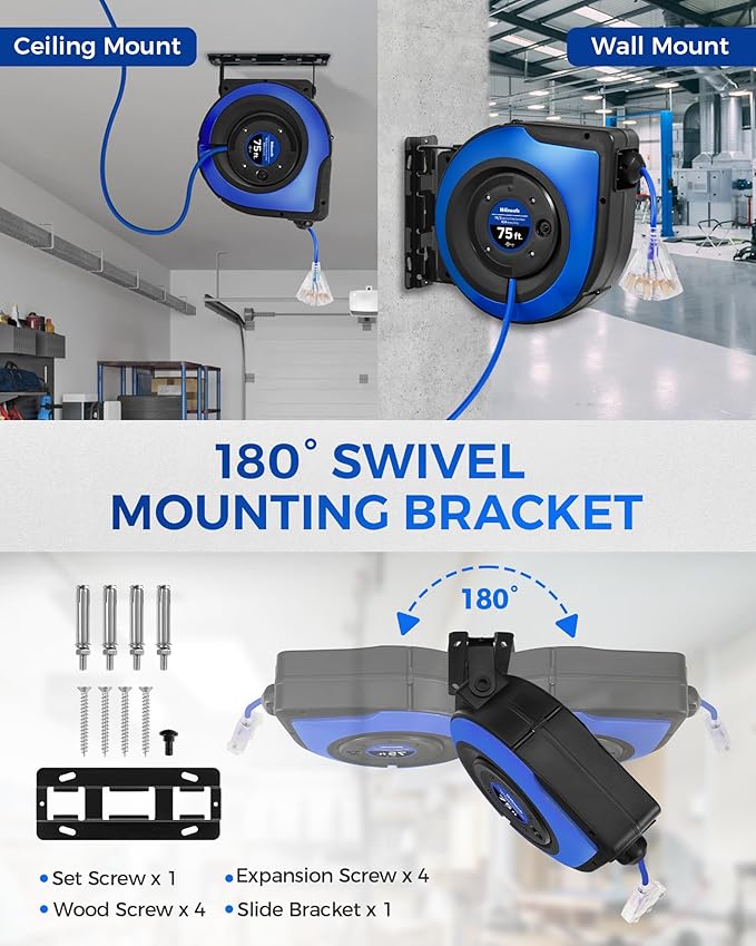 Retractable Cord Reel, 75 FT Heavy Duty Extension Cord, 14AWG/3C SJTOW, 3 Grounded Outlets Lighted Triple Tap, 10A Circuit Breaker, Wall/Ceiling Mounted, UL Listed, Blue U75CR06