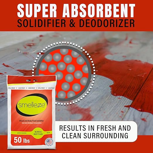 SMELLEZE Medical Waste Clean Up Super Absorbent Solidifier & Deodorizer: 50 lb. Granules Absorb Blood, Urine, Diarrhea, Vomit, Body Fluids & Other Water Based Bio Waste in Seconds