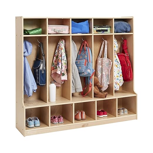 ECR4Kids 5-Section Coat Locker with Bench, Classroom Furniture, Natural