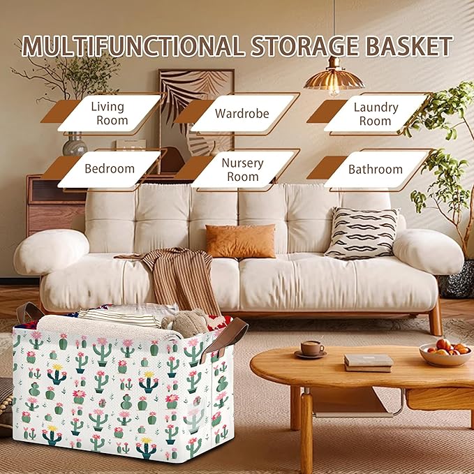 Desert Bloom Storage Basket Large 17x11.5x10.5 Inche-Collapsible Fabric Organizer Bin with Handles for Southwest Decor, Nursery, Boho Style-Decorative Hamper with Succulent & Flower-Single Pack