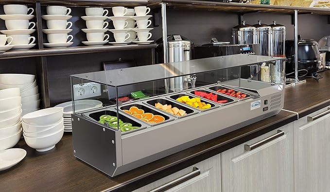 KoolMore SDC-6P-SG Condiment Prep Rail Station with Sneeze Guard, 59 Inch, Silver