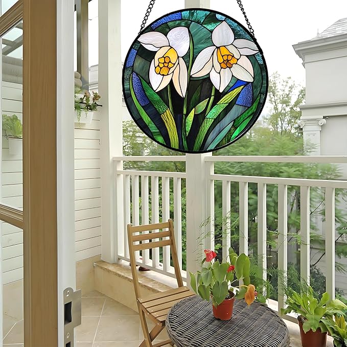 Stained Glass Window Hanging - White Snowdrops Birth Flowers Suncatcher for Doors Garden Patio Sun Catchers Decor Christmas Mother's Day Birthday Gifts for Women Men Mom Nana Friend 7.8 in
