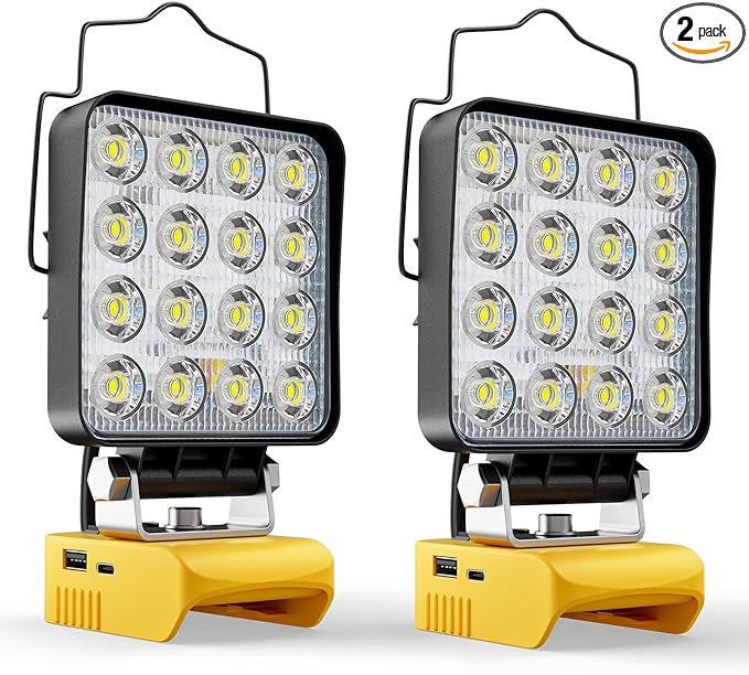 LIVOWALNY 2PCS LED Work Light Compatible with Dewalt 20V Max Battery, 70W 7000LM Battery Light 20V Cordless Tools, Portable Flood Flashlight with USB A & USB C Output Port, Low Voltage Protection
