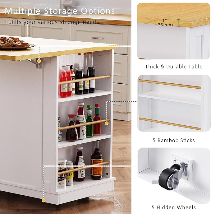 Rolling Kitchen Island with 2 Bar Stools, Drop Leaf & Power Outlet, Large Kitchen Islands Cart on Wheels, Movable Kitchen Island with 5 Open Shelves & Towel Rack for Kitchen, Dining Room, 53″, White