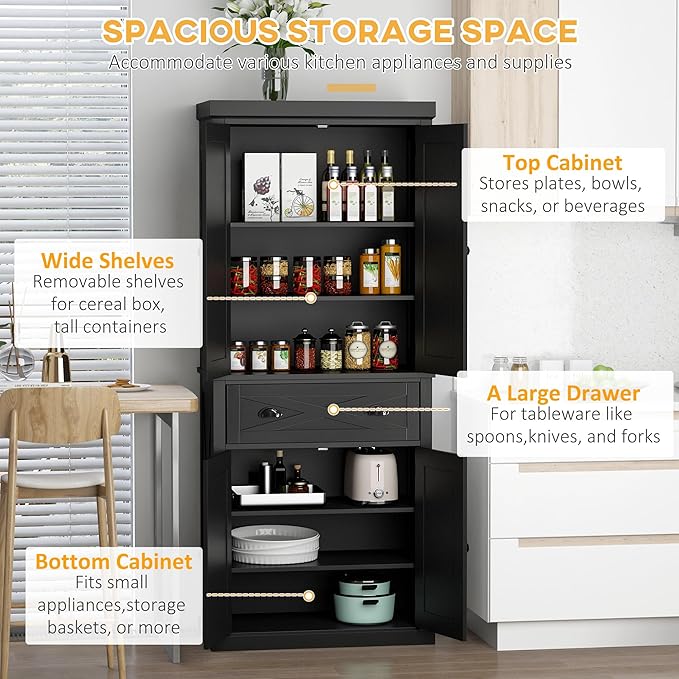 HOMCOM 72" Kitchen Pantry Storage Cabinet, Traditional Freestanding Pantry Cabinet with 4 Doors and 2 Adjustable Shelves, Large Central Drawer, X-Frame, Black