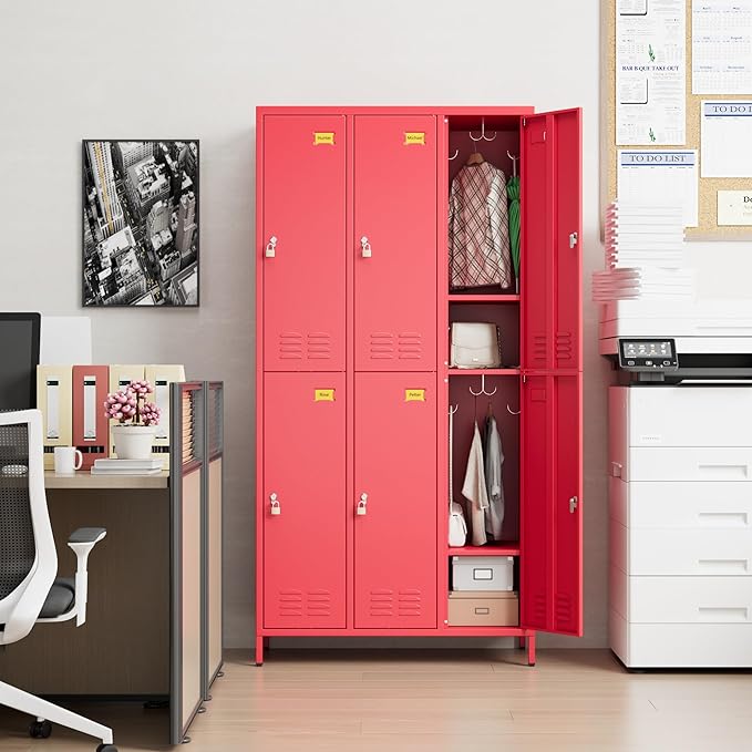 Aobabo Metal Locker for Employees, 6 Doors Metal Locker Cabinet with Lock, Industrial Storage with 18 Hooks, Storage for Home, Office, Gym, Assembly Required, Red