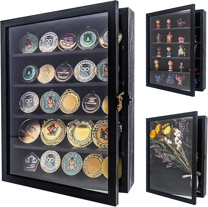 GMFrames 11x14 Wooden Shadow Box Frame with Removable Shelves Deep Display Case for Military Medals Keepsakes Black