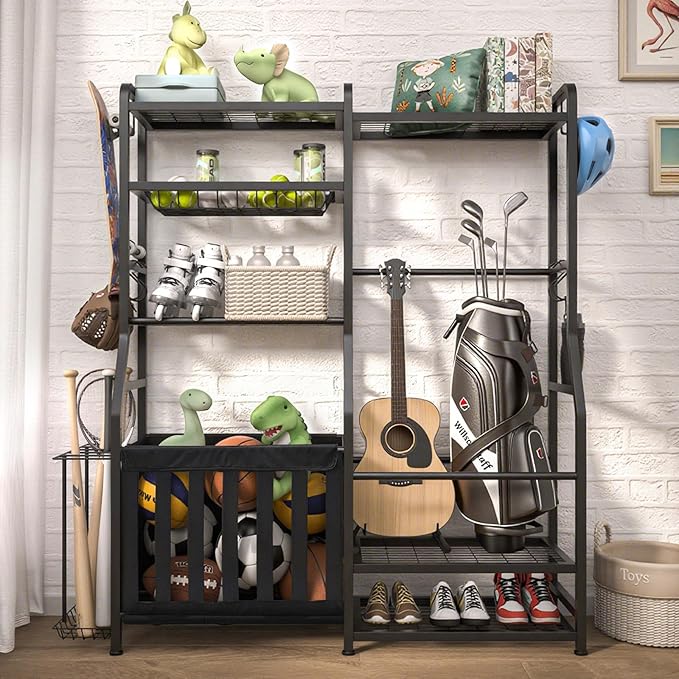 Garage Sports Equipment Organizer, Golf Bag Storage Rack, Heavy Duty Ball Holder with Basket & Hooks, Indoor/Outdoor Basketball Storage Bins for Toy Sports Gear Storage