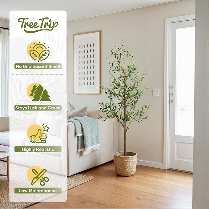 2 Pack Artificial Olive Tree 6FT, Tall Faux Olive Trees for Indoor Outdoor, Realistic Potted Plant Natural Wood Trunk, Leaves and Fruits for Home Office Decor (2, 6FT)