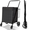 Folding Shopping Cart with Waterproof Liner, Grocery Cart Large Bag with Top Cover, 400 Lb Capacity, Utility Cart with 360° Rolling Swivel Wheels, Extra Large & Extra Basket