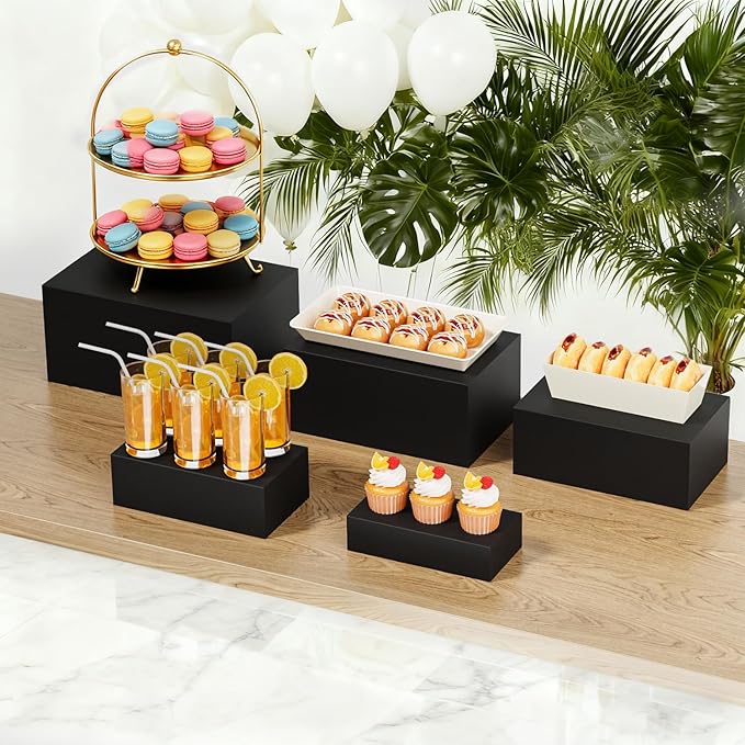 5 Pcs Metal Display Stands for Buffet Table Cake Risers, Cupcake Rectangle Stand for Wedding, Party, Catering Supplies, Elegant Food Risers for Display with 5Pcs Hollow Bottoms Sturdy Modern (Black, 2 IN to 12 IN)