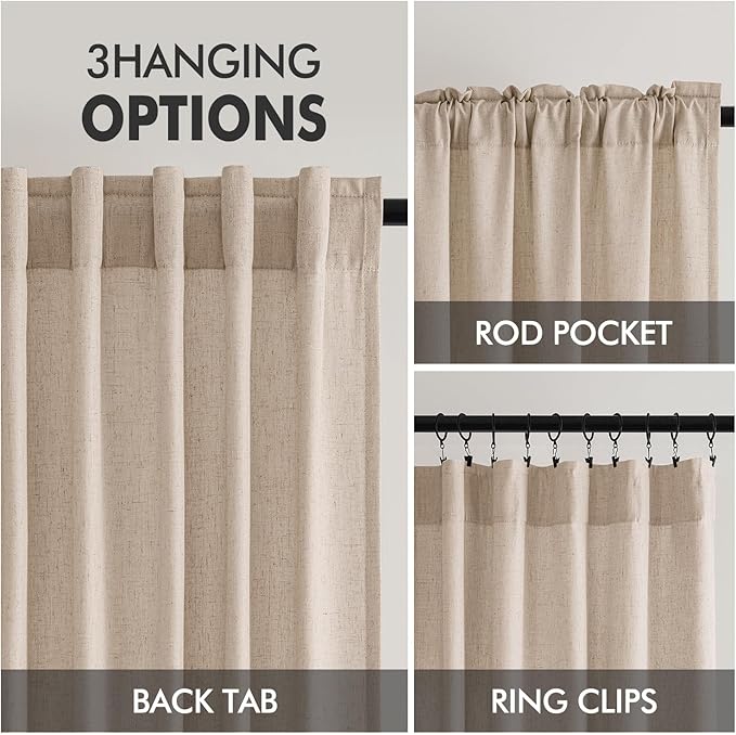 MIULEE Non-See-Through Privacy Linen Curtains 2 Panels, Light Filtering Window Curtains Farnhouse Textured Back Tab Semi Sheer Drapes for Bedroom Living Room, 52 x 63 Inches Long, Beige