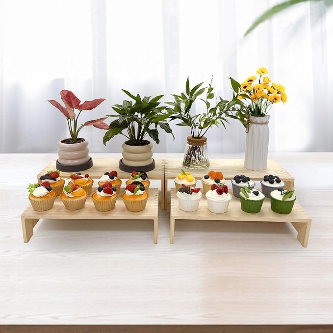Display Riser Wood Risers Cupcake Stand 2 Tier Racks Decorative Rectangular, 2 Set 4 Pieces Cologne Perfume Organizer Dessert for Vendors Event