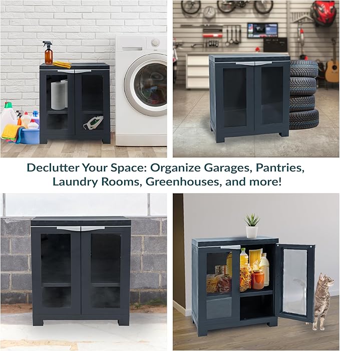 Sunnydaze Storage Cabinet with 2 Acrylic Glass Doors - Plastic Storage Cabinet - 25.5" H - Garage, Office, Home, Laundry Room