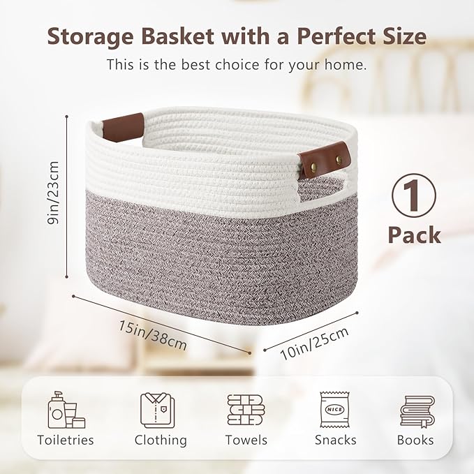 Cotton Rope Basket, Storage Baskets with Handle, 15x10x9 Inch Woven Basket for Shelves, Laundry, Towels, Clothes, Books (White Brown 1 Pack)