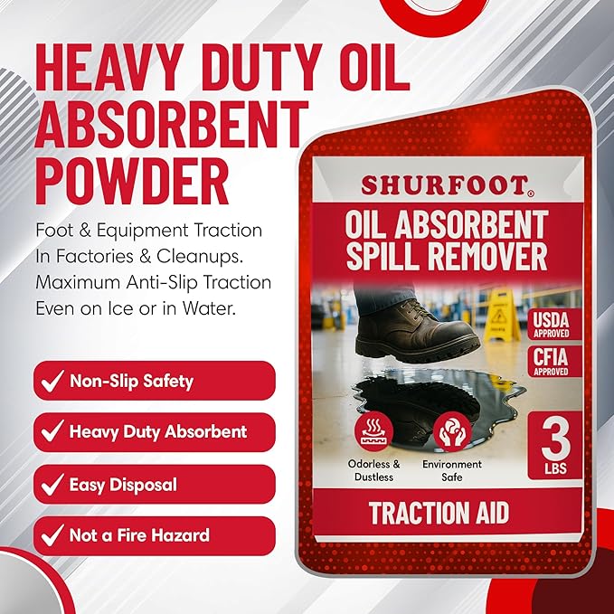 SHURFOOT 3lb Non-Slip Oil Absorbent - Provides Ice Traction & Vapor Suppression - Spill Control for Blood, Water & Oils - USDA Approved - Floor Dry Absorbent Odorless - Fire-Safe & Dustless