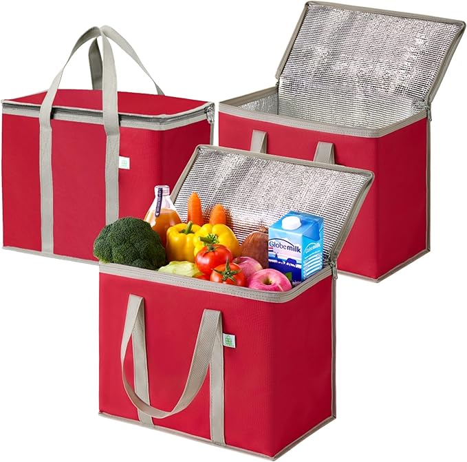 VENO 3 Pack Cooler Bag and Insulated Grocery Bags for Food Delivery, Collapsible Cooler, Reusable Shopping Bags for Groceries with Zipper, Foldable, Heavy-Duty, Stands Upright (Red, 3 Pack)