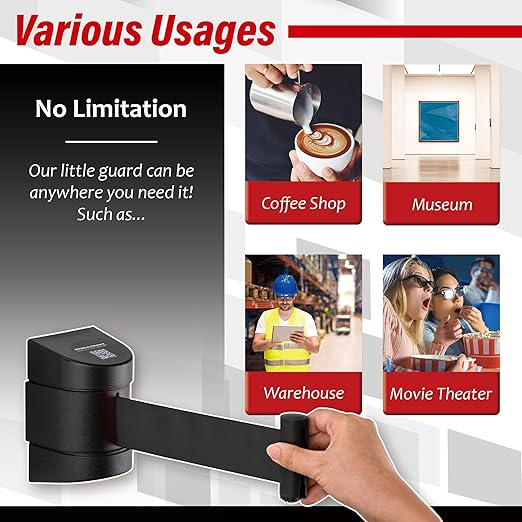 DuraSteel Wall Mount Retractable Belt Barrier - 6.5 Ft Black Safety Belt in Sturdy Black Casing - Guardian 2.0 Indoor & Outdoor Do Not Cross Caution Tape for Crowd Control Queue Barrier, Line Divider