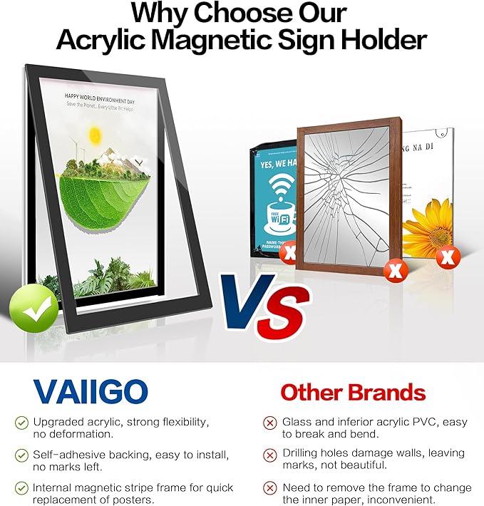 Acrylic Magnetic Sign Holder Wall Mount, Self Adhesive Magnetic Display Frame with Nano Tape and Strong Magnetic Border for Wall, Door, Glass, Home, Store, Office (Black, 11" x 17" / 10 Pack)