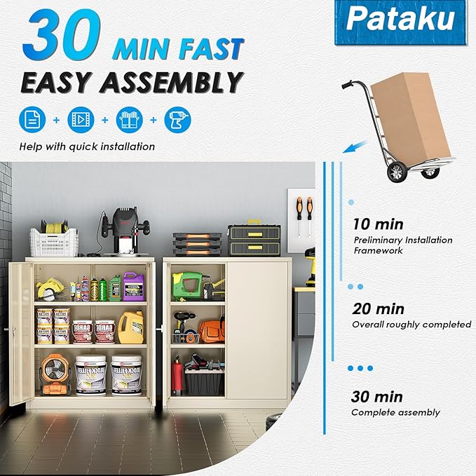 Pataku Metal Storage Cabinet, Garage Cabinet with Doors and Shelves 36" Hx32 Wx16 D, Steel Lockable File Cabinets for Office, Home, Garage, Basement, Industrial, Putty