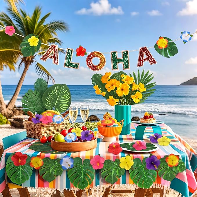 142Pcs Luau Party Decorations Fake Plant Palm Leave Monstera With Stems Hibiscus Flowers Artificial Tropical Leaves for Hawaiian Luau Safari Jungle Beach Wedding Birthday Theme Party Table Decorations