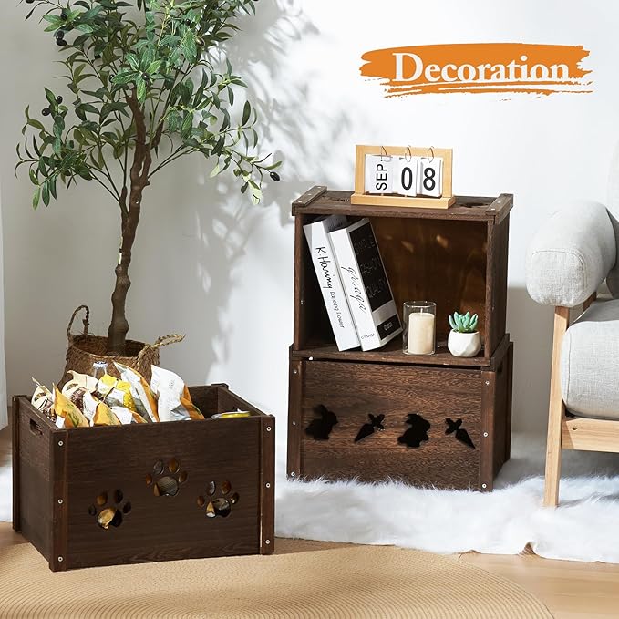 Wooden Crates 2 Pack, Hollow Claw Wooden Crates for Display & Storage, Farmhouse Handmade Wood Crate with Handles, Rustic Large Decorative Wood Crate Box for Display
