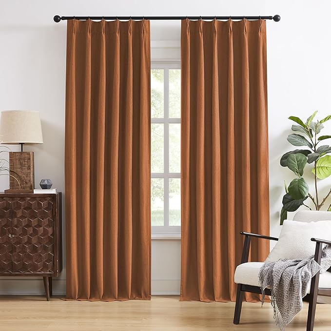 DUALIFE Rust Pinch Pleated Blackout Curtains 63 Inches Long, Boho Farmhouse Retro Totally Blackout Curtains Drapes with Hooks for Living Room Bedroom 40 by 63 Inch 2 Panels Terracotta