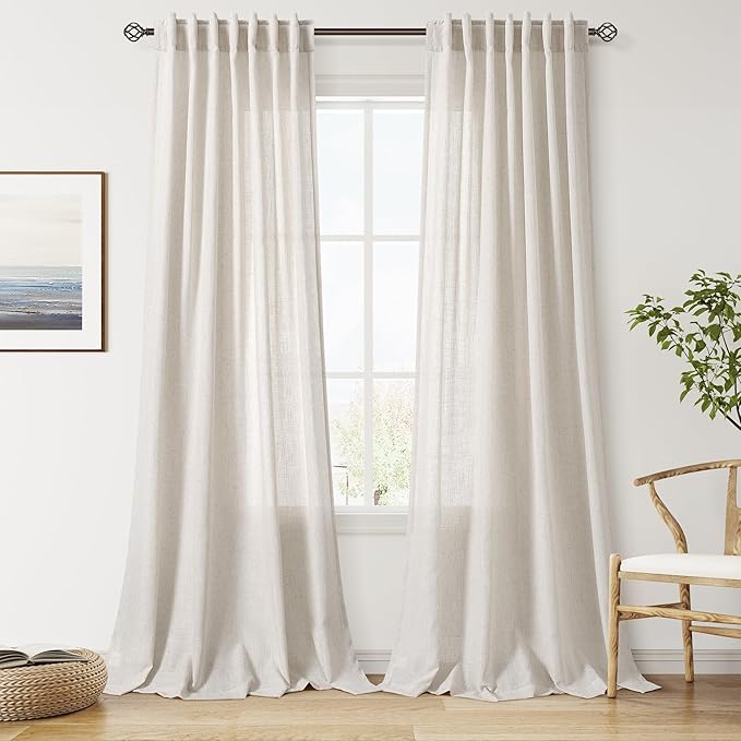 Nanspring Pearl White 102 Inch Long Curtains for Living Room Linen Light Filtering Semi Sheer Curtain Back Tab Coastal Decor Floor to Ceiling Modern Drapes for Bedroom Office 52x102, 2 Panels