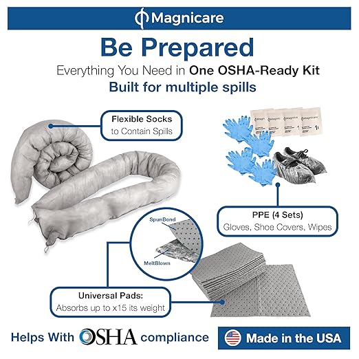 Universal Spill Kit OSHA Approved (4 Pack) - Biohazard Clean up Kit for Oil, Water & Chemicals | Absorbent Pads, Socks, PPE, Biohazard Bags in Bright Orange Duffel Bag - 4 Pack