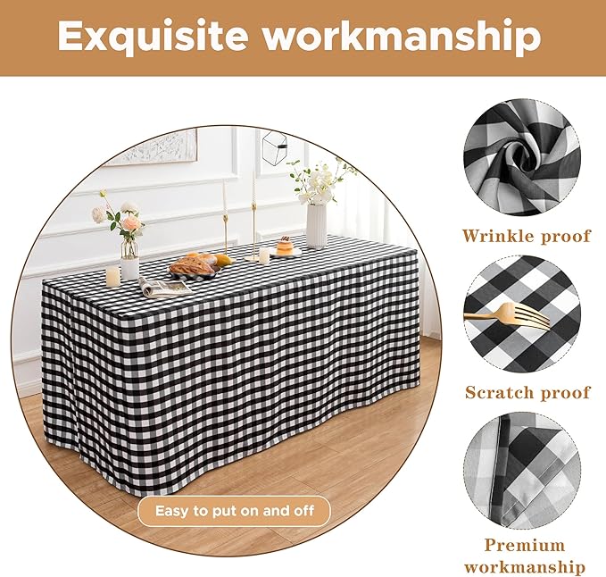 HolidayIdeas 2 Pack Checkered Fitted Tableclothes - 48 x 24 Inch - Rectangle Tablecloths for 4 Foot Tables, Buffalo Plaid Table Covers for Party, Picnic, Trade Show (Black and White)