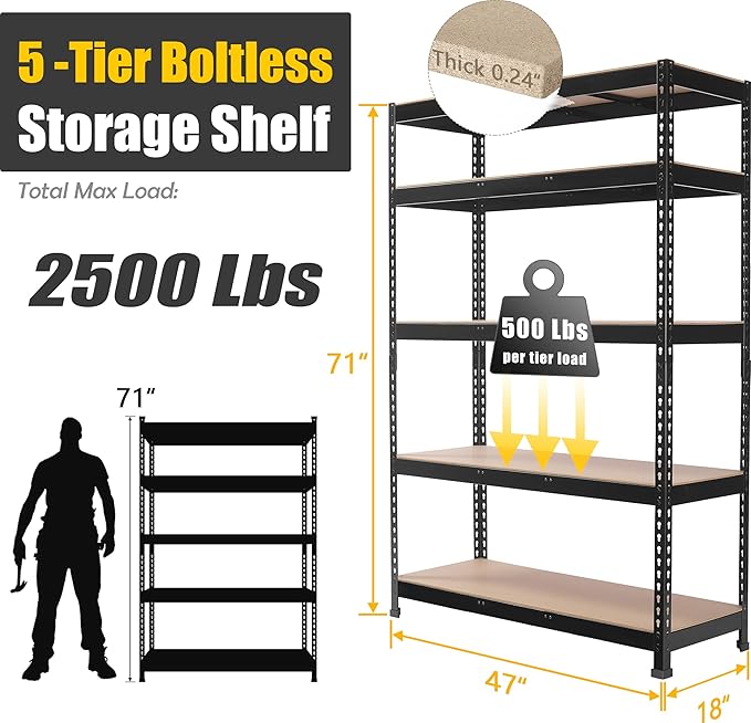 PrimeZone 48" W x 18" D x 72" H Garage Shelving Heavy Duty - Adjustable Metal Storage Shelves, 5 Tier Industrial Shelving Unit, Utility Shelf Rack for Basement, Warehouse, Pantry, Closet, Black, 2Pack