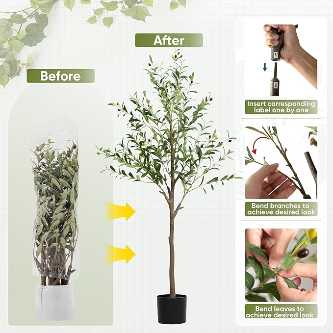Artificial Olive Tree 5FT, Tall Faux Olive Trees for Indoor Outdoor, Realistic Potted Plant Natural Wood Trunk, Leaves and Fruits for Home Office Decor (1, 5FT)